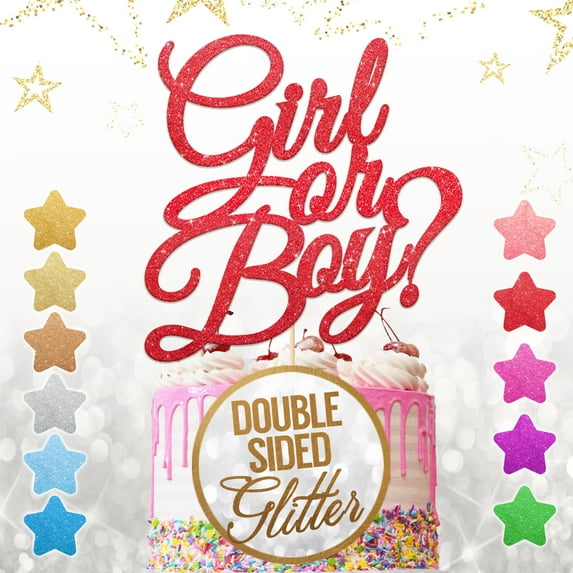 EDSG "Girl or Boy" Cake Topper, Gender Reveal Glitter Cake Topper, 10 Colors,Baby Shower, Welcome Newborn Party Decoration (Red)