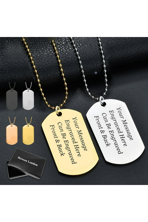 Personalized Dog Tag Pendant Necklace, Stainless Steel 24'', Custom Laser Engraving (Men's)