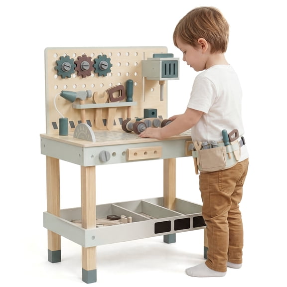 EDUBEBO Wooden Tool Bench for Toddlers 3+, 29 Pcs Montessori Kids Workbench with Tools, STEM Construction Pretend Play Toy, Birthday Gift for Boys & Girls Ages 3-8