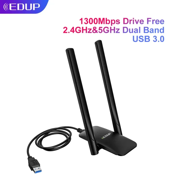 EDUP 1300Mbps USB WiFi Adapter 2.4G & 5.8G Wireless Network Card with USB3.0 Cable 2 * 6dBi Antenna Drive Free Ethernet Adapter