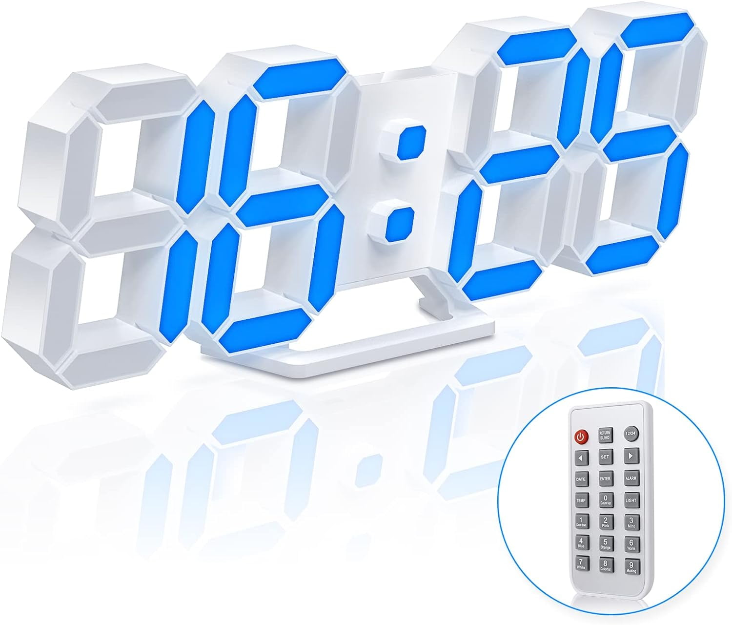 9.7" White and Blue Digital LED Desk Alarm Clock with Adjustable Brightness