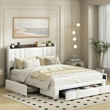 EDWZK Faux Leather Upholstered Twin Bed Frame with Type C Ports Storage Headboard and Reading Light, 4 Drawers