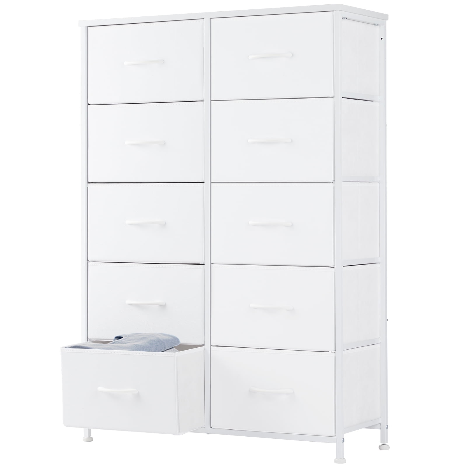 White 10-Drawer Tall Dresser with Steel Frame and Wood Top
