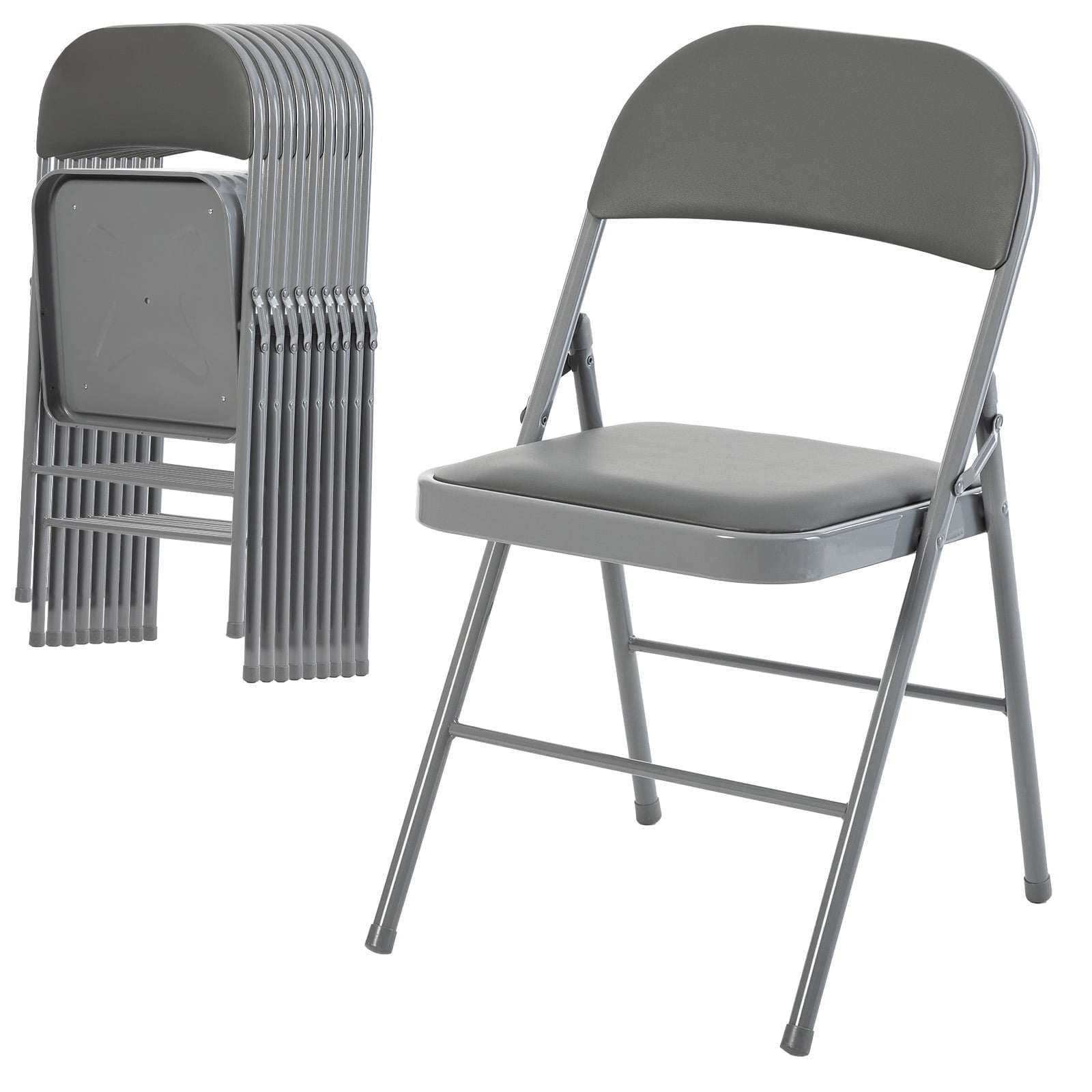 EDX 10 Pack Folding Chairs, Fabric Dining Chair Set with Padded Cushion and Back, Indoor Outdoor Seat for Home Office Events Wedding Party, PU Leather, Gray