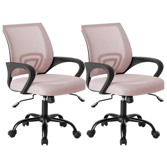 EDX 2-Pack Ergonomic Mid-Back Office Chair - Swivel Desk Chair with Lumbar Support, Breathable Mesh Backrest, Adjustable Height, Sponge Seat & Smooth Rolling Wheels, Pink