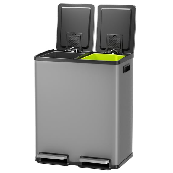EDX 2 x 8.3 Gallon Dual Garbage Recycle Trash Can with Lid, Inner Buckets for Kitchen, Stainless Steel,Gray