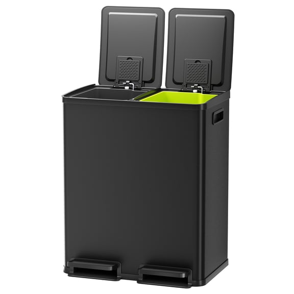 EDX 2 x 8.3 Gallon Dual Garbage Recycle Trash Can with Lid, Inner Buckets for Kitchen, Stainless Steel, Matte Black