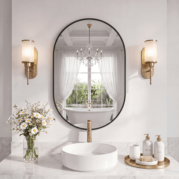 EDX 20"X30" Wall Oval Mirror with Crystal Clear Reflection, Convenient Hanging Hooks, and Premium Aluminum Alloy Construction, Black