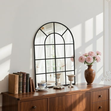 EDX 20"x30" Arched Windowpane Mirror, Wall Decor Art Mirror for Livingroom Bathroom Entryway, Black