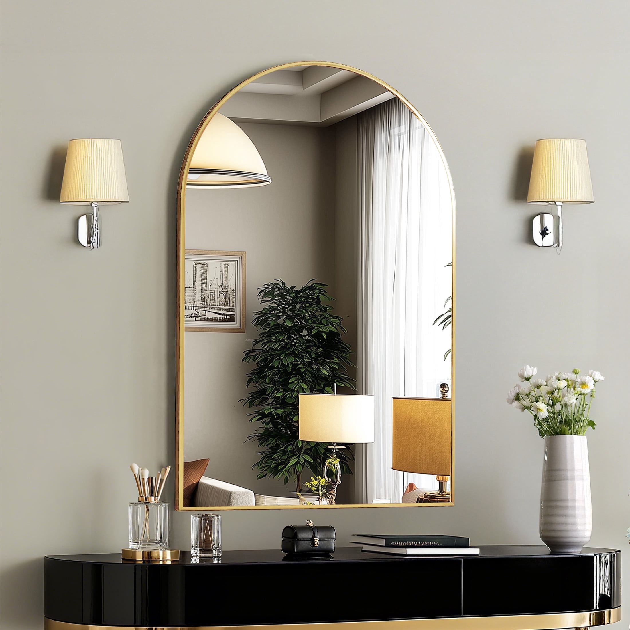 EDX 20"X30" Arched Bathroom Mirror, Wall Mounted Mirror with Aluminum Alloy Frame, Bathroom Mirror for Living Room, Bedroom, Bathroom and Entryway, Gold
