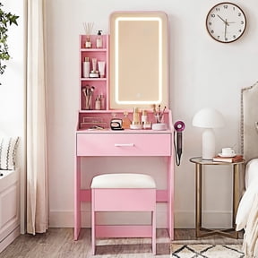 EDX 24" Makeup Vanity Table and Chair Set, Modern Vanity Desk with Mirror, Power Outlets&3 Lighting Modes, Pink