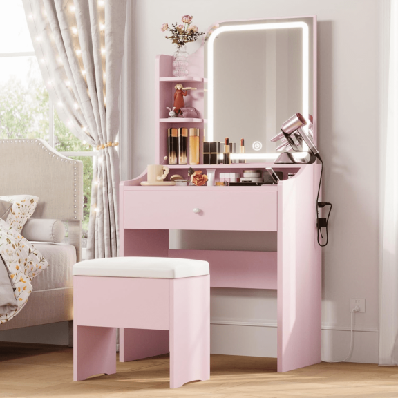 EDX 24" Makeup Vanity Table and Chair Set, Modern Vanity Desk with Mirror, Power Outlets&3 Lighting Modes, Pink