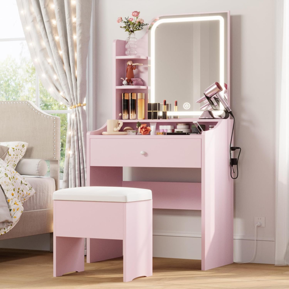 EDX 24" Makeup Vanity Table and Chair Set,Modern Vanity Desk with Mirror,Power Outlets&3 Lighting Modes,Pink