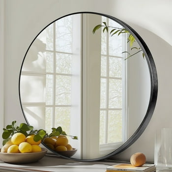 EDX 24" Wall Round Mirror with Crystal Clear Reflection, Convenient Hanging Hooks, and Premium Aluminum Alloy Construction, Black