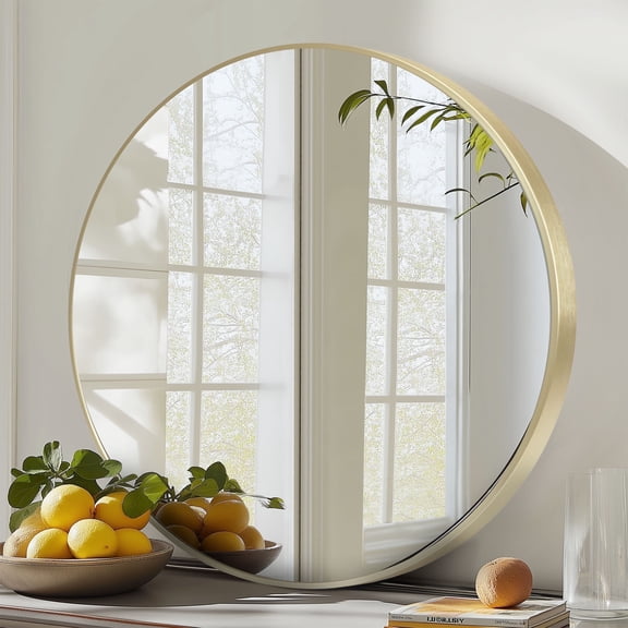 EDX 24" Wall Round Mirror with Crystal Clear Reflection, Convenient Hanging Hooks, and Premium Aluminum Alloy Construction, Gold
