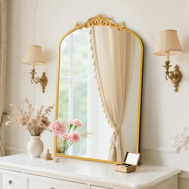 EDX 24" x 36" Antique Arched Mirror, Vintage Aluminium Thin Frame, Wall Decor for Bathroom, Gold