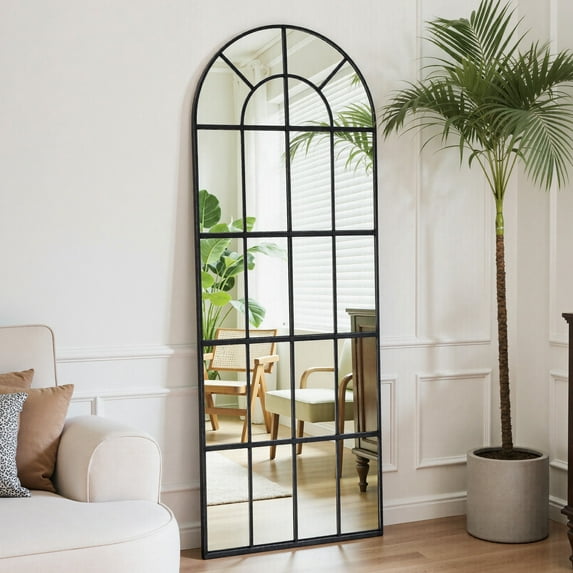 EDX 24"x65" Arched Windowpane Full Length Mirror, Wall Decor for Livingroom Bathroom Entryway, Black