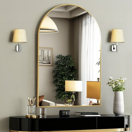 EDX 26"X38" Arched Bathroom Mirror, Wall Mounted Mirror with Aluminum Alloy Frame, Bathroom Mirror for Living Room, Bedroom, Bathroom and Entryway, Gold