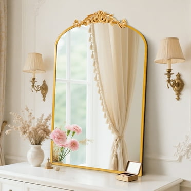 EDX 26" x 38" Antique Arched Mirror, Vintage Aluminium Thin Frame, Wall Decor for Bathroom, Gold