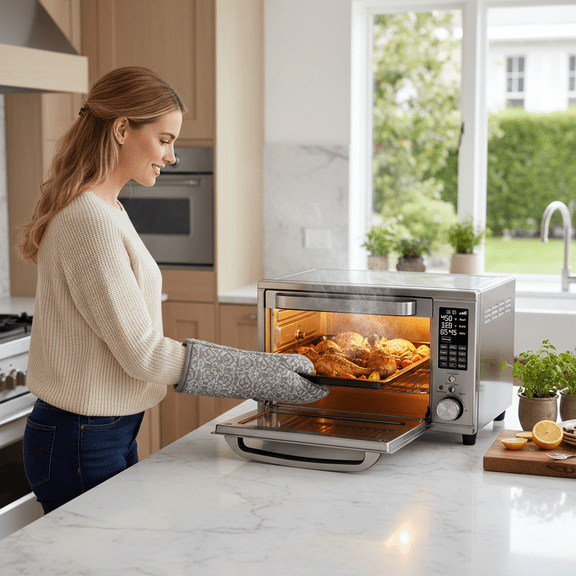 EDX 28L Silver Double-Door Air Fryer Oven, 4-in-1 Functions, 120V, 0-60min Timer, Free Tray & Rack & Tongs, Household Kitchen Use