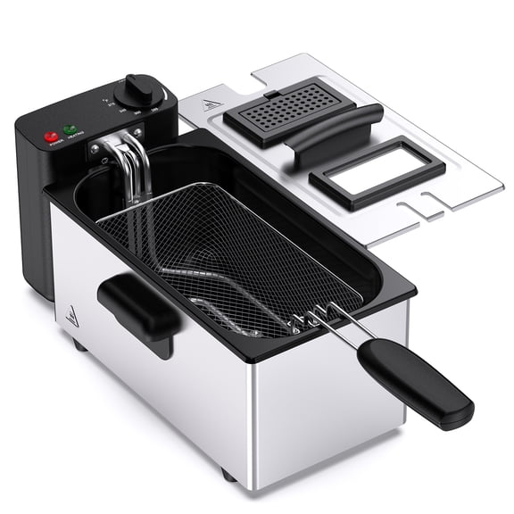 EDX 3.2QT Stainless Steel Deep Fryer, Lid with Viewing Window, 1500W Power, 4 Adjustable Temp&nbsp;for Fried Chicken, Shrimp, French Fries, Silver