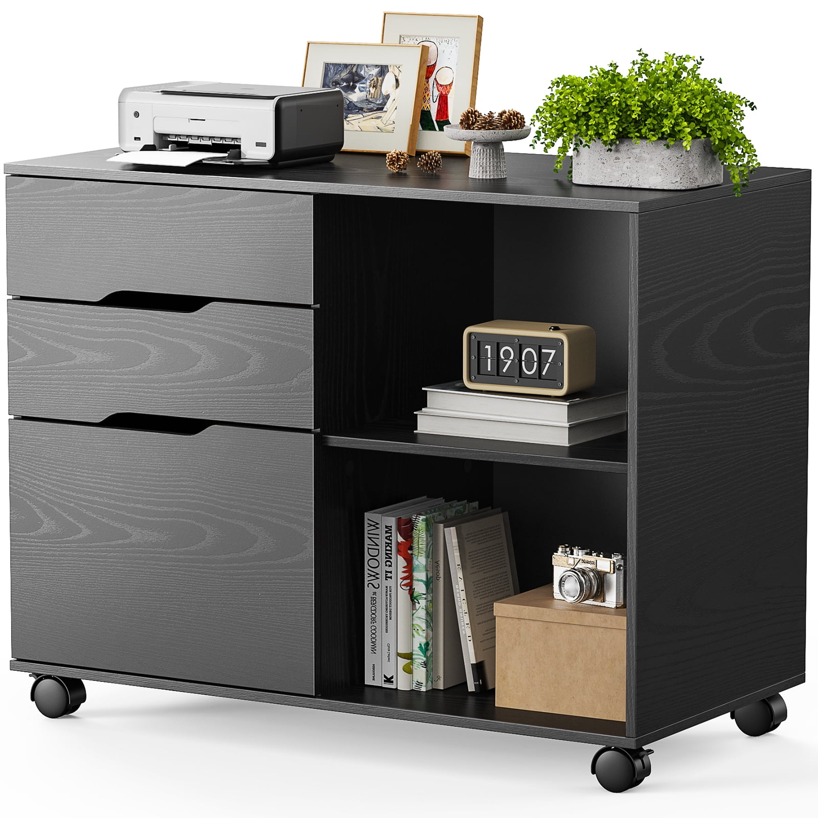 EDX 3 Drawer File Cabinet with Wheels, Rolling Wood Printer Stand and Open Storage Shelves for Home Office, Black