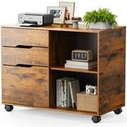 EDX 3 Drawer File Cabinet with Wheels, Rolling Wood Printer Stand and Open Storage Shelves for Home Office, Rust Brown