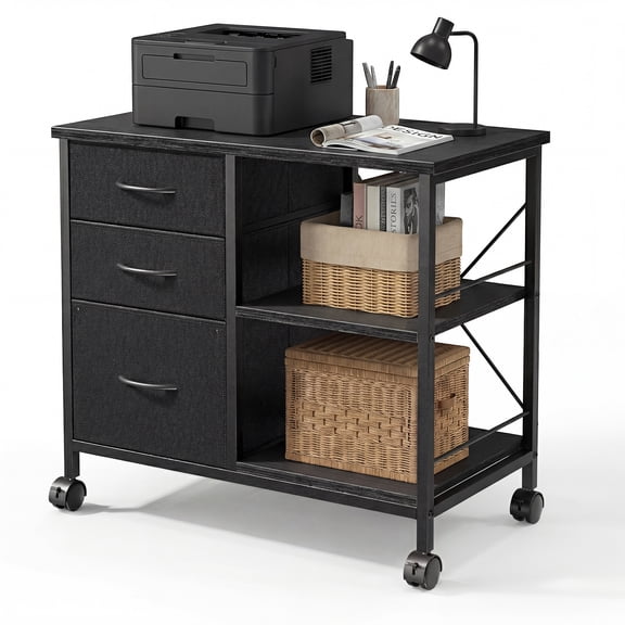 EDX 3 Drawer Mobile File Cabinet, Rolling Storage Cabinet with Open Storage Shelf, Fabric Lateral Filing Cabinet for Home Office, Black