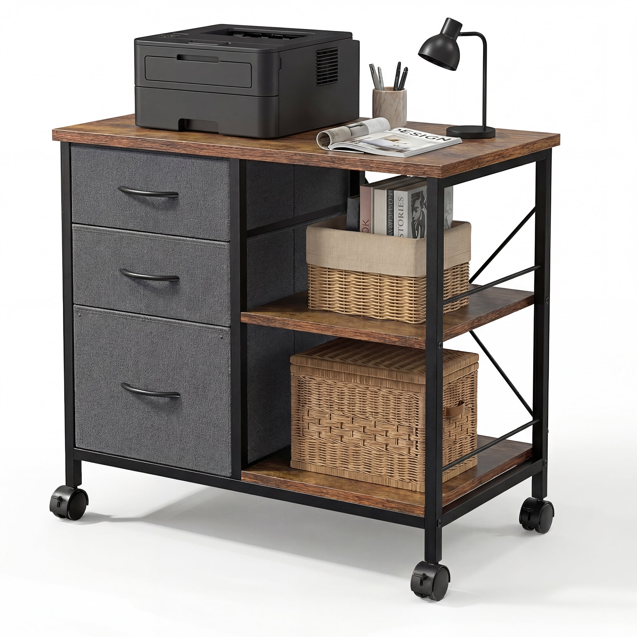 EDX 3 Drawer Mobile File Cabinet, Rolling Storage Cabinet with Open Storage Shelf, Fabric Lateral Filing Cabinet for Home Office, Rustic