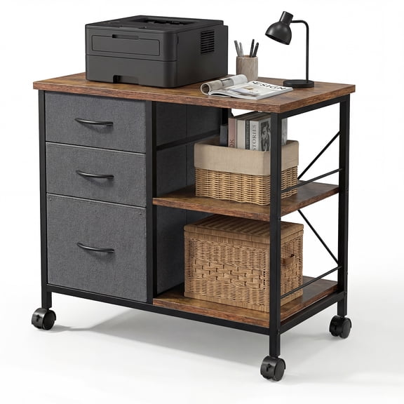 EDX 3 Drawer Mobile File Cabinet, Rolling Storage Cabinet with Open Storage Shelf, Fabric Lateral Filing Cabinet for Home Office, Rustic