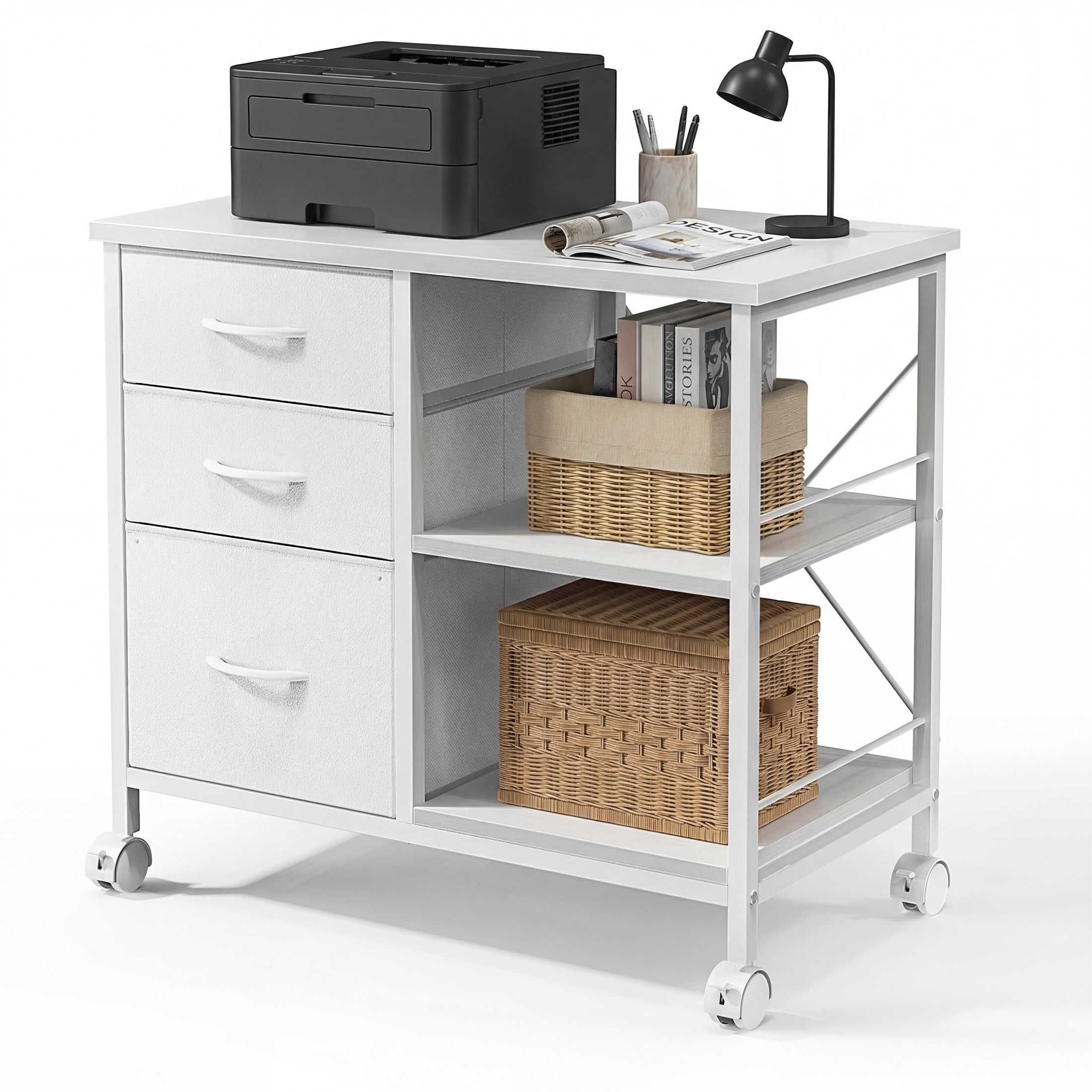 EDX 3 Drawer Mobile File Cabinet, Rolling Storage Cabinet with Open Storage Shelf, Fabric Lateral Filing Cabinet for Home Office, White
