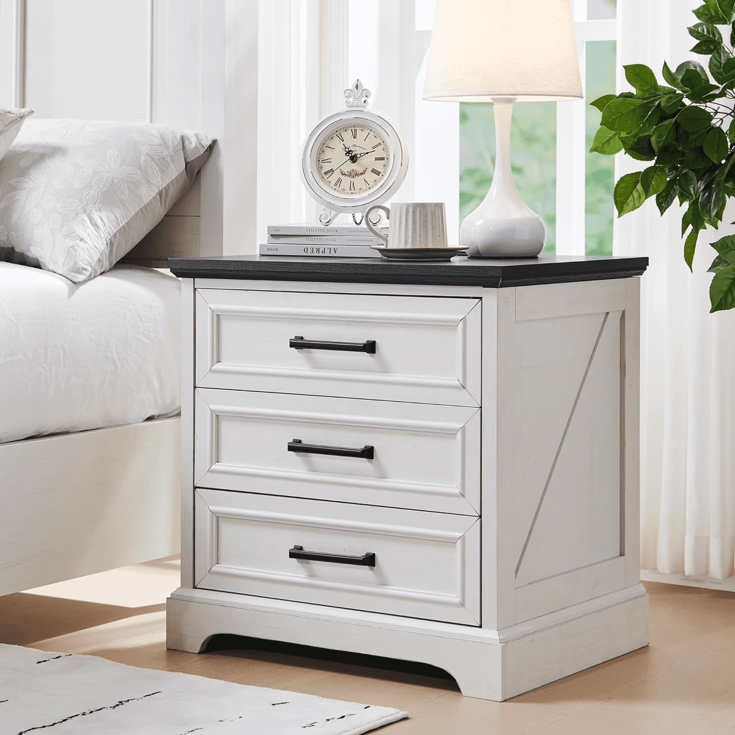 EDX 3 Drawers 24" Wood Nightstand with Drawers and Charging Station, Bedside Table for Bedroom or Living Room, White