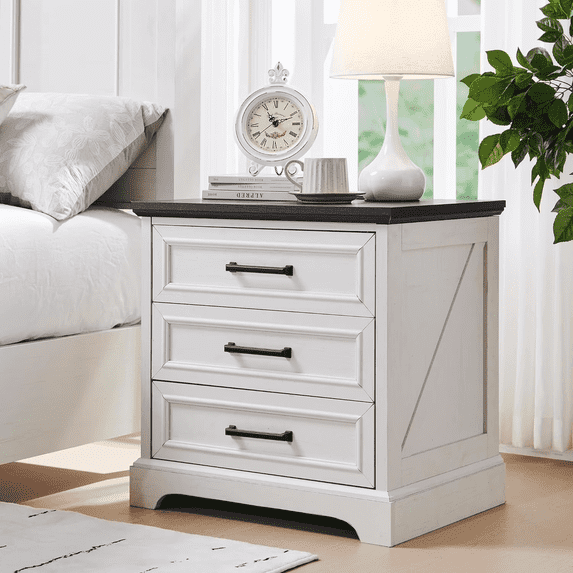 EDX 3 Drawers 24" Wood Nightstand with Drawers and Charging Station, Bedside Table for Bedroom or Living Room, White