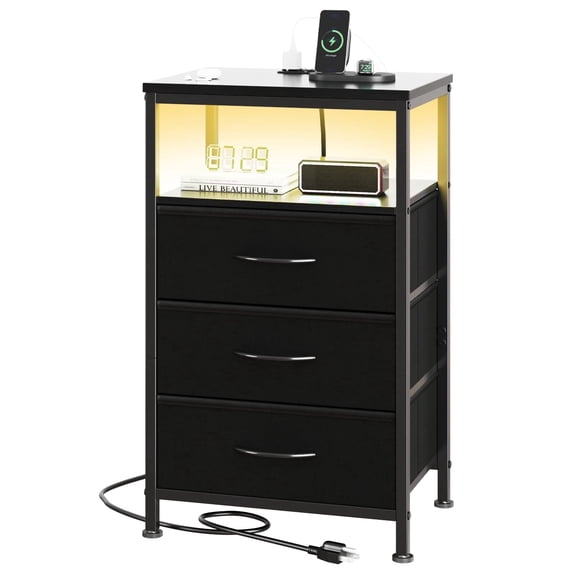 edx 3 Fabric Drawers Nightstand with Charging Station & USB/Type-C Ports and Outlets, Variable Light Strip Bedside End Table with Adjustable Feet for Bedroom, Black