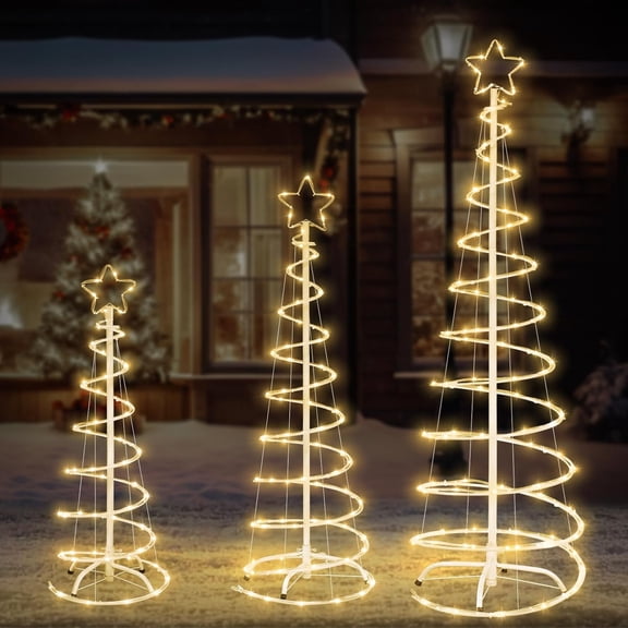 EDX 3-Piece Lighted Christmas Tree Set, 3 ft 5 ft 6 ft Warm White LED Trees with Star Toppers, Indoor Outdoor Christmas Yard Decor