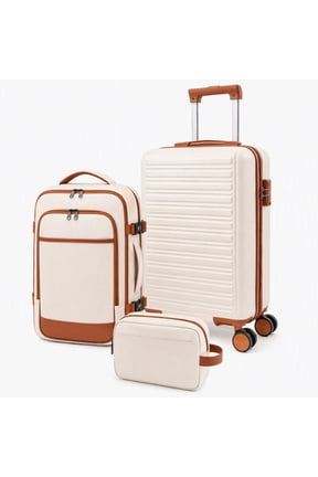 3 Piece Luggage Set with Backpack, Lightweight Hard Shell Suitcase Set, TSA Lock Travel Luggage with Spinner Wheels, 20 Inch Carry On Suitcase and Travel Bag for Men & Women, Beige