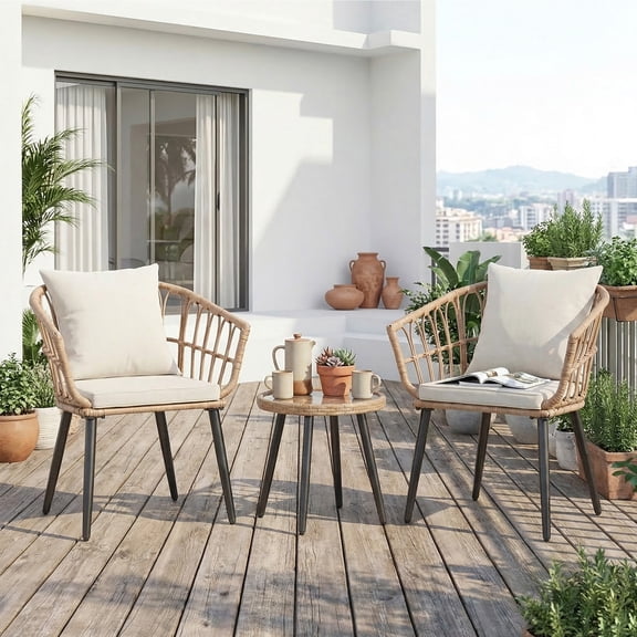 EDX 3 Piece Outdoor Patio Wicker Furniture Set, Rattan Chairs with Tempered Glass Coffee Table, Sturdy Steel Frame, Washable Cushions, for Balcony Backyard Poolside Lawn,Beige