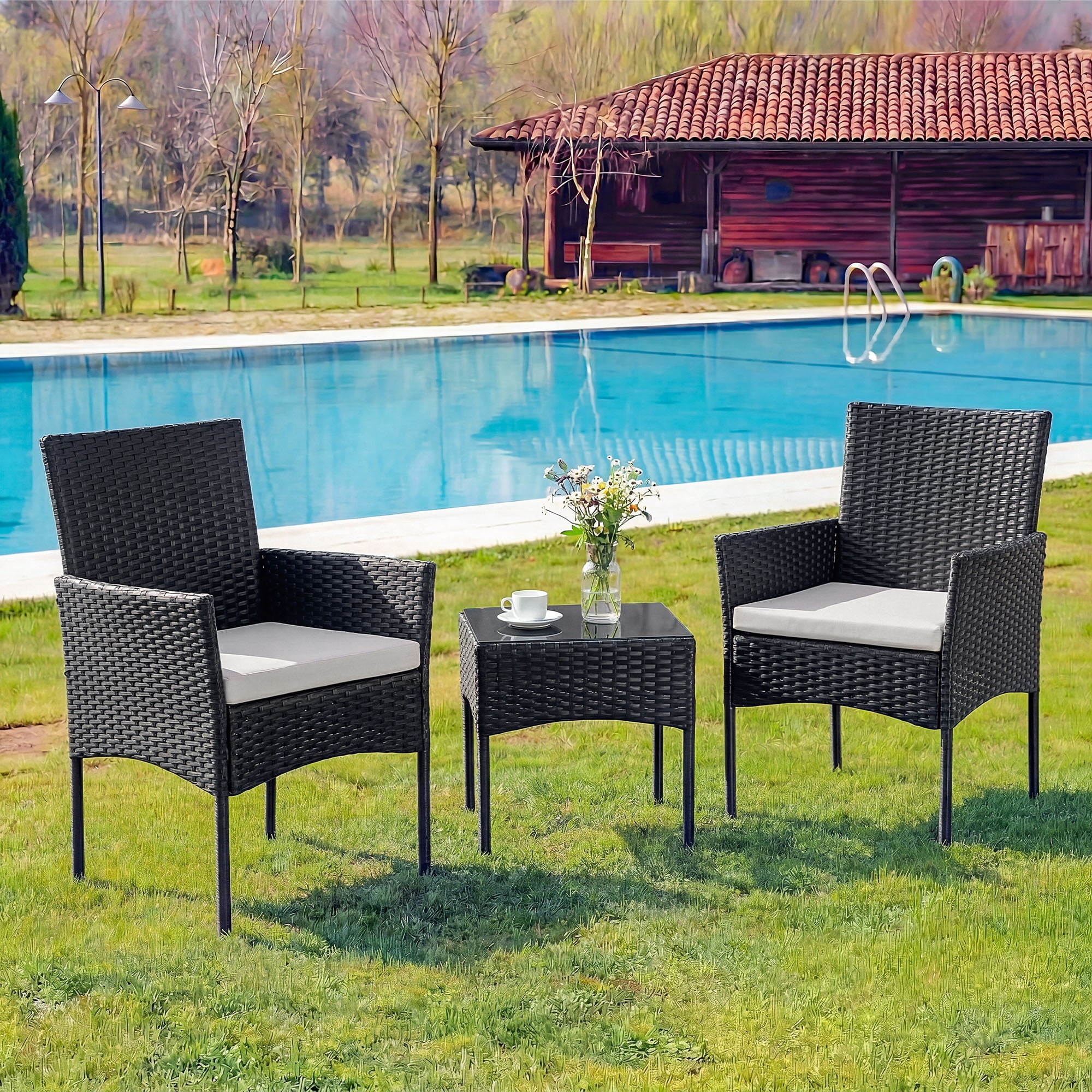 EDX 3-Piece Patio Conversation Set, All-Weather PE Rattan Outdoor Furniture with Wicker Chairs, Tempered Glass Table, Washable Cushions, Black/Beige