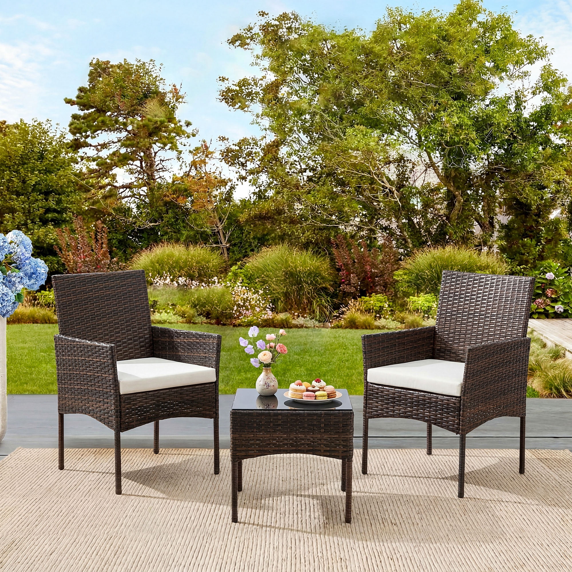 EDX 3-Piece Patio Conversation Set, All-Weather PE Rattan Outdoor Furniture with Wicker Chairs, Tempered Glass Table, Washable Cushions, Brown/Beige