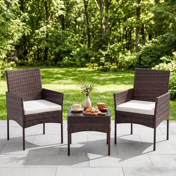 EDX 3 Pieces Patio Furniture Set,Wicker Rattan Outdoor Conversation Furniture Set with Tempered Glass Tabletop & Removable Cushion for Garden, Balcony, Poolside, Porch, Brown