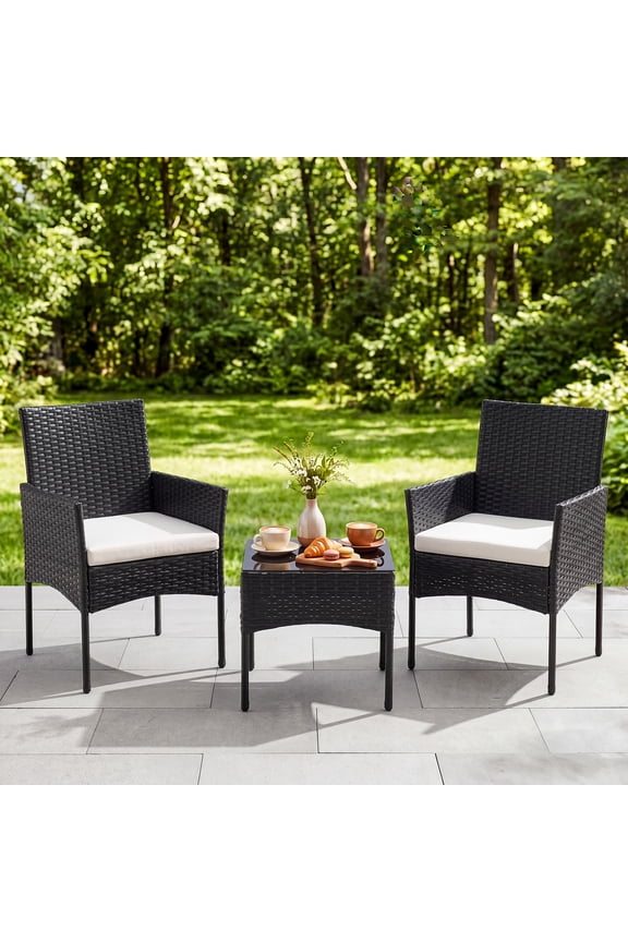 3 Pieces Patio Furniture Set,Wicker Rattan Outdoor Conversation Furniture Set with Tempered Glass Tabletop & Removable Cushion for Garden, Balcony, Poolside, Porch, Black