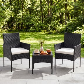 EDX 3 Pieces Patio Furniture Set,Wicker Rattan Outdoor Conversation Furniture Set with Tempered Glass Tabletop & Removable Cushion for Garden, Balcony, Poolside, Porch, Black