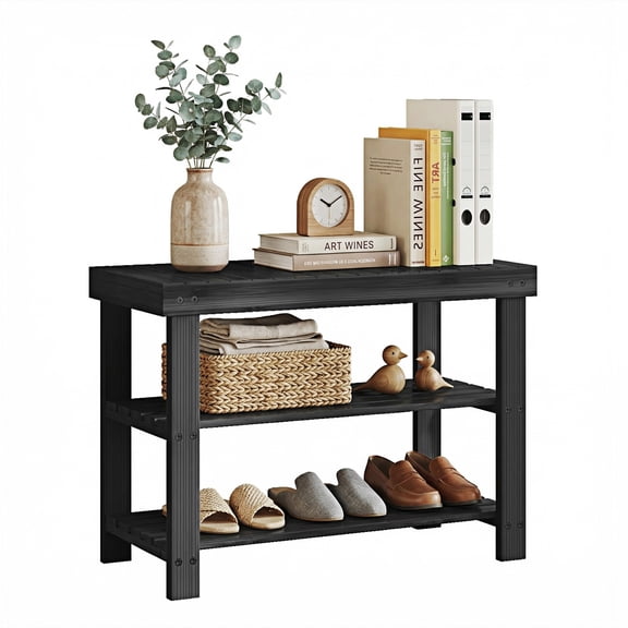 EDX 3 Tier Bamboo Shoe Rack Bench,  11.3'' x 19.7'' x 18'' Storage Seat Organizer with 286lb Capacity for Entryway,  Bedroom and Living Room,  Black