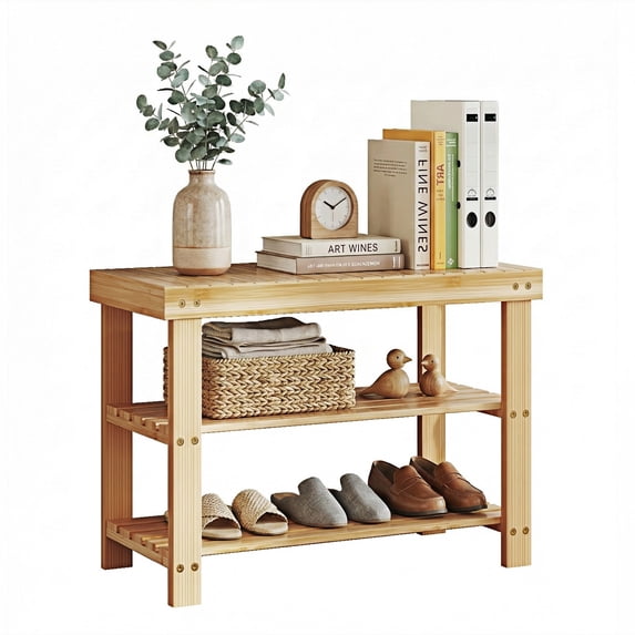 EDX 3 Tier Bamboo Shoe Rack Bench, 11.3'' x 19.7'' x 18'' Storage Seat Organizer with 286lb Capacity for Entryway, Bedroom and Living Room, Wood