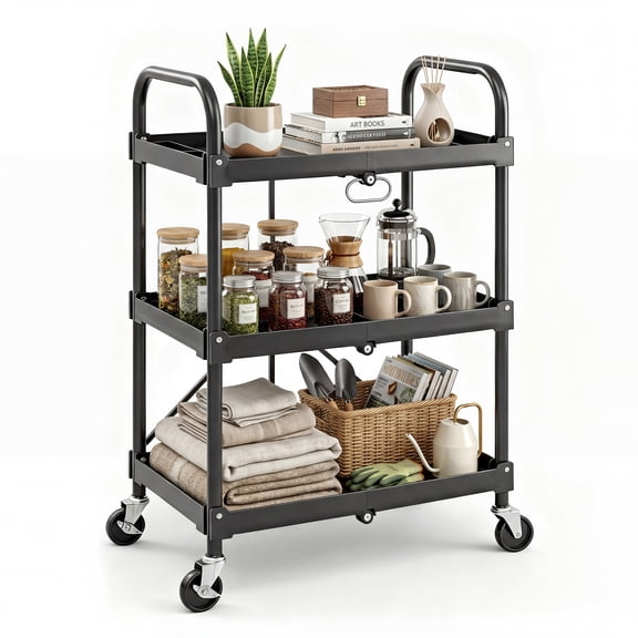 EDX 3-Tier Portable Utility Cart with Wheels, Heavy Duty Collapsible Cart for Home, Office, Kitchen and Storage,120LBS Capacity,Black