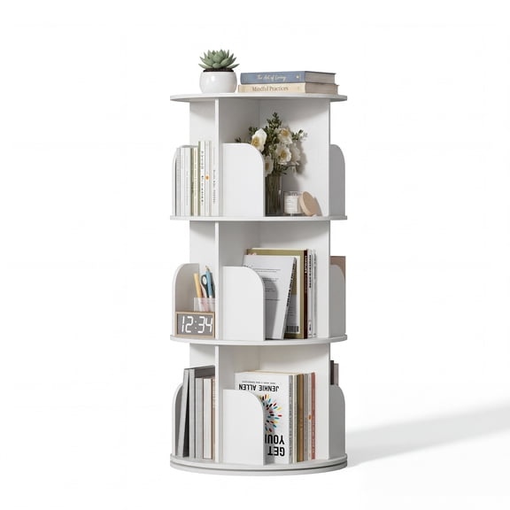 EDX 3 Tier Rotating Bookshelf Tower, Revolving 360 Book Shelf Storage Round Carousel, Vertical Rotate Turning Spiral Corner Organizer, White