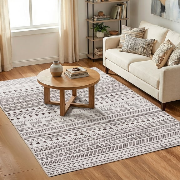 EDX Imitation Linen Carpet Collection Decorative Rug - 3' x 5', Pattern Distressed Design, Non-Shedding - Easy Care-Machine Washable, Ideal for Entryway, Living Room, Bedroom-Black & White Geometric