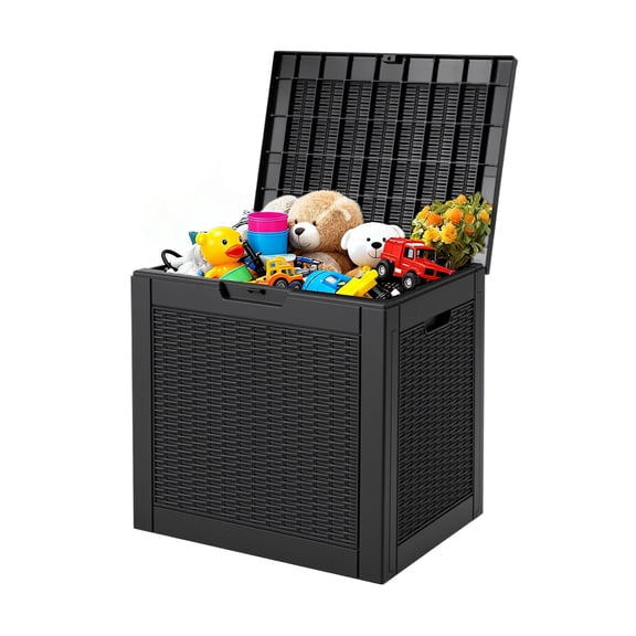 edx 31 Gallon Outdoor Storage Box, Wicker Pattern Resin Deck Box with Lockable Lid & Built-in Handles, 170 Lbs Capacity Storage Bench for Indoor/Outdoor Use, Black
