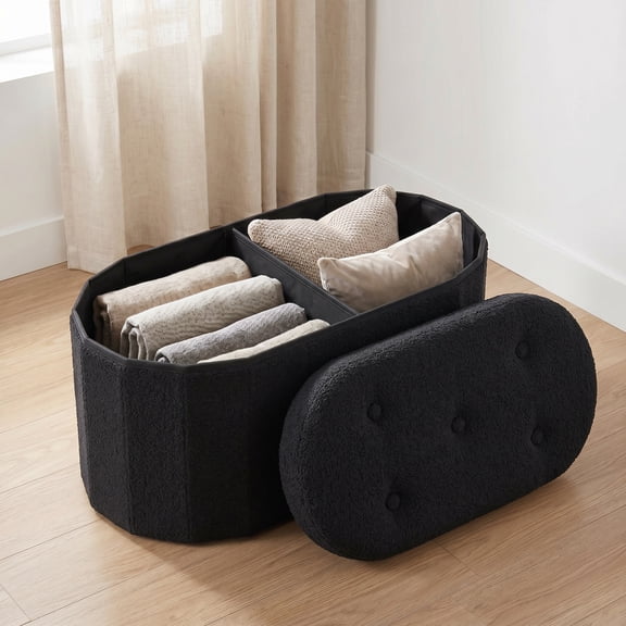 EDX 30 Inch Folding Ottoman Bench with Storage,Oval Ottoman Foot Rest with Black Upholstered Teddy Fabric,Bedside Bench with Hidden Storage Compartment for Living Room Entryway