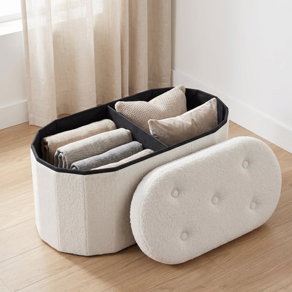 EDX 30 Inch Storage Ottoman Bench, White Upholstered Footrest with Hidden Storage Compartment,Bedside Oval Ottoman Storage Chest for Living Room Bedroom Entryway